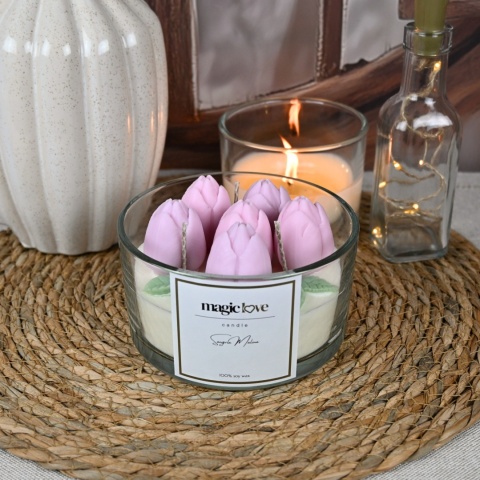 Świeca sojowa duży bukiet różowych tulipanów