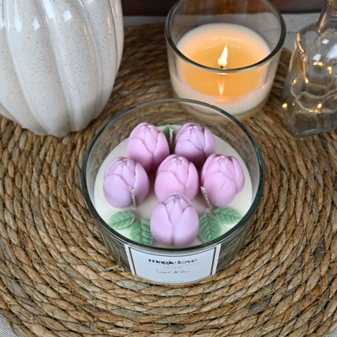 Świeca sojowa duży bukiet różowych tulipanów