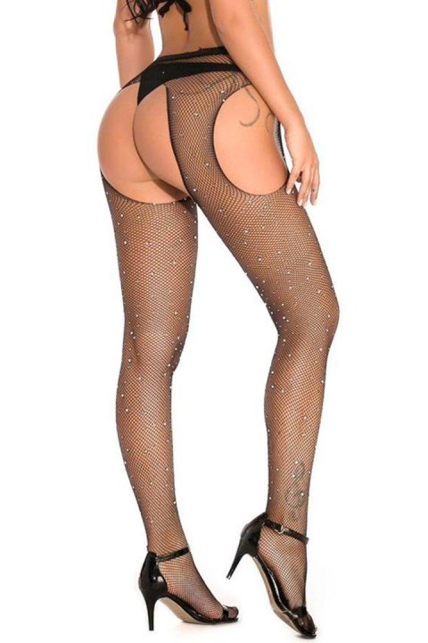 BLACK STRASS OPEN TIGHTS TU (Size: TU) Paris Hollywood