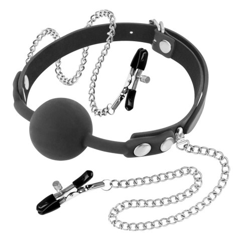 Knebel z zaciskami na sutki Silicone Gag Ball With Nipple Clamps